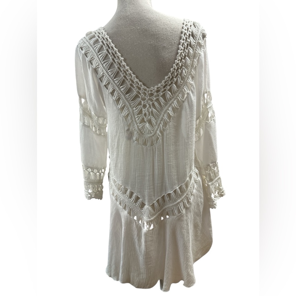 LA Class Crocheted Double V-Neck Oversized White Sheer Crepe Longline Top NWT M - Picture 4 of 12